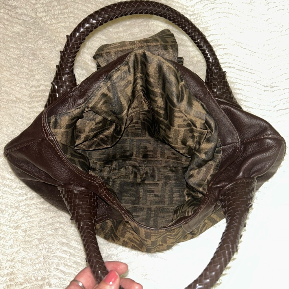 Designer-Inspired Brown Leather & Monogram Shoulder Bag - Picture 7 of 9